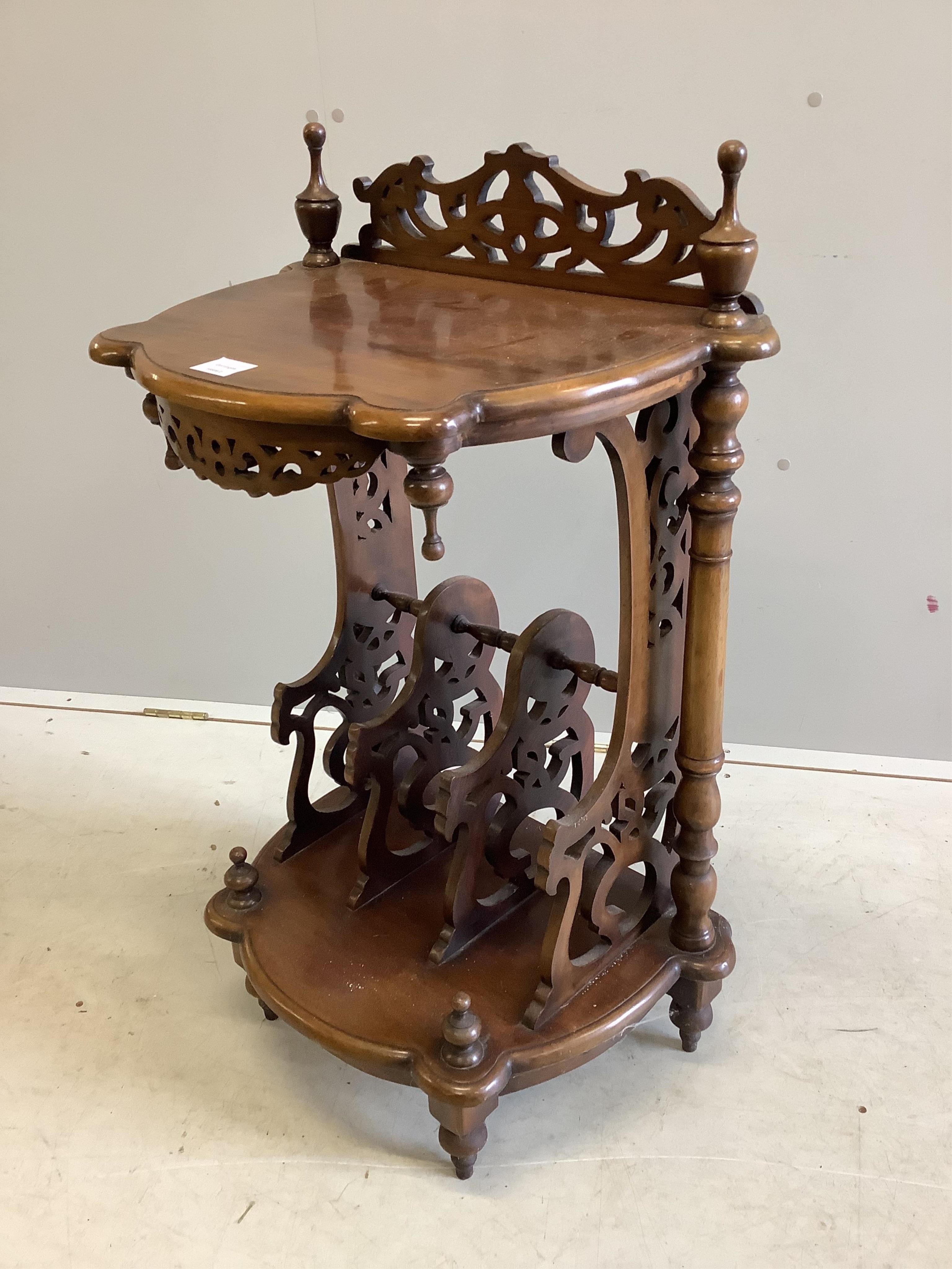 A Victorian style mahogany Canterbury side table, width 56cm, depth 37cm, height 90cm. Condition - fair to good